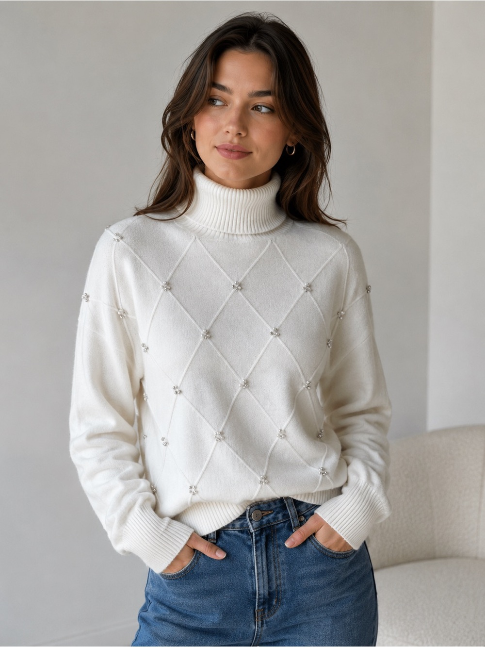 Women's Cream Turtleneck Sweater with Bead-Embellished Diamond Knit - Picture 2 of 8